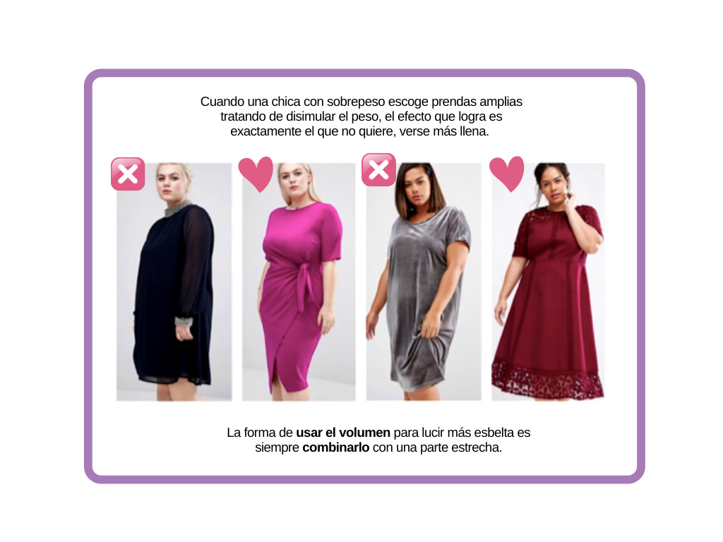 Mujeres con sobrepeso con vestido sueltos y con vestidos que marcan cintura para verse esbeltas